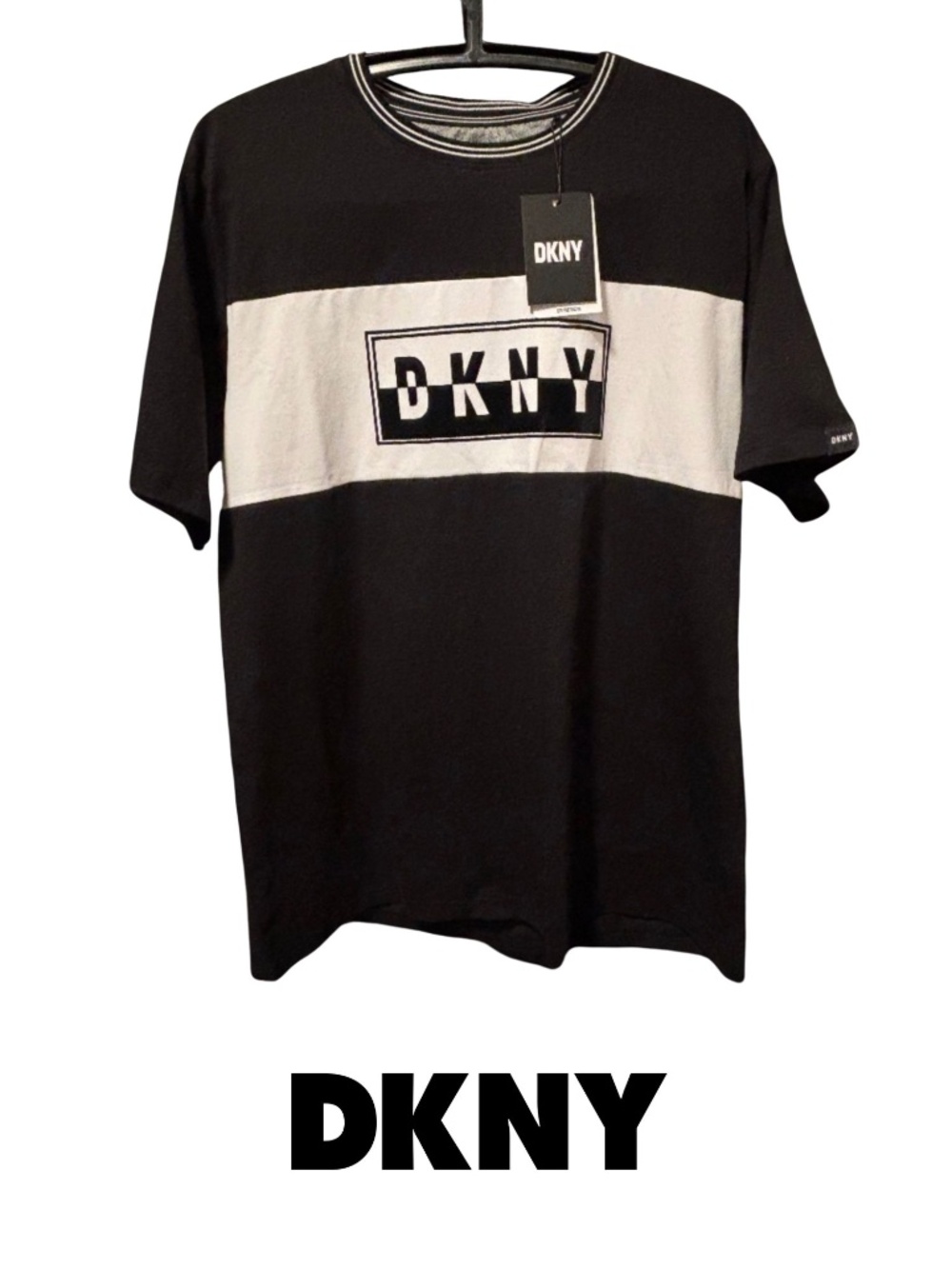 DKNY Men’s Black & White T-Shirt with Velvet Accent Logo Graphic